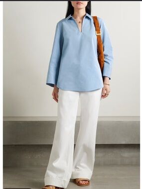Lafayette 148 New York Women's Blue Split Neck Pullover Blouse Top Size Small